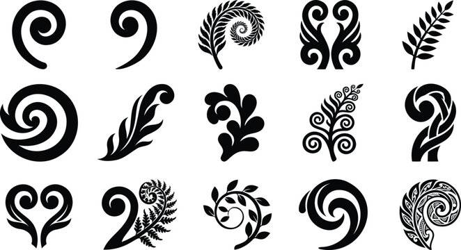 Set of black tribal fern and koru spiral design elements