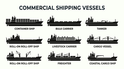 Fototapeta premium Black Commercial Cargo Shipping Fleet Silhouette Icon Set with Container Ships, Bulk Carriers and Freight Vessels Vector Illustration