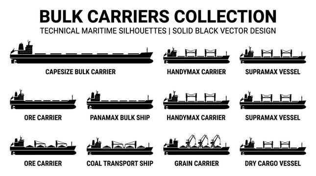 Black Bulk Carrier Cargo Ship Silhouette Icon Set with Capesize, Panamax and Handymax Vessels Vector Illustration