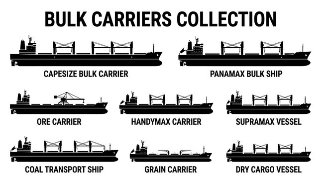 Black Bulk Cargo Carrier Silhouette Icon Set with Capesize, Panamax, Handysize and Dry Bulk Freight Ship Vector Illustration
