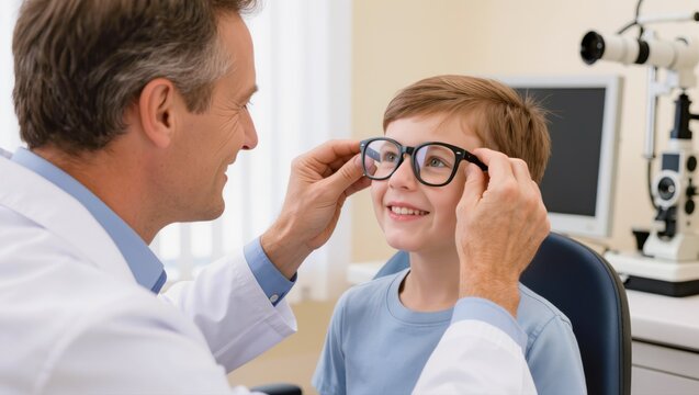 An optometrist placing a pair of glasses on a young boy's face during an eye exam in a clinic.