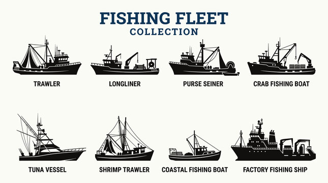 Black Commercial Fishing Fleet Silhouette Icon Set with Trawlers, Longliners and Factory Fishing Vessels Vector Illustration