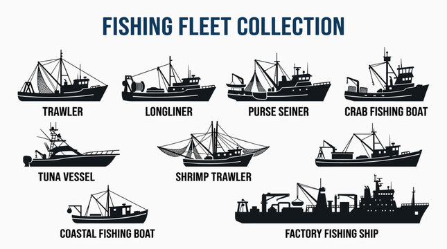 Black Commercial Fishing Vessel Silhouette Icon Set with Trawlers, Longliners and Industrial Fishing Boats Vector Illustration
