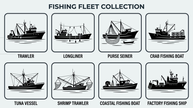 Black Commercial Fishing Fleet Silhouette Icon Set with Trawlers, Longliners and Seafood Industry Vessels Vector Illustration