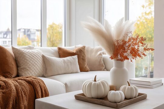 Cozy Fall Living Room with White Sofa, Pumpkins and Pampas Grass