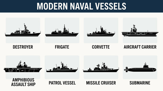 Black Contemporary Naval Fleet Silhouette Icon Set with Destroyer, Frigate, Corvette, Aircraft Carrier and Submarine Vector Illustration
