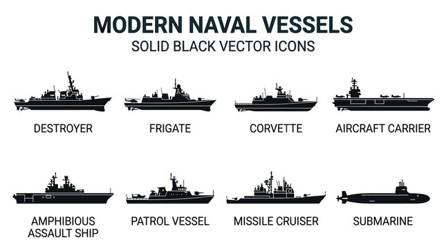 Black Solid Modern Naval Warship Silhouette Icon Set with Aircraft Carrier and Submarine Vector Illustration