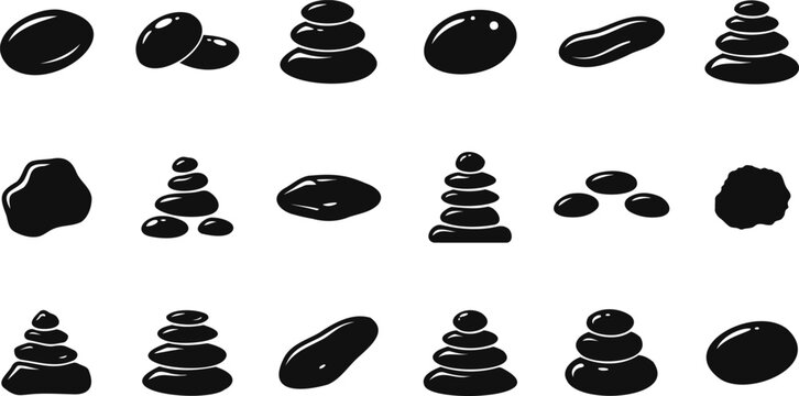 Set of black spa stones and zen rock stacks icons