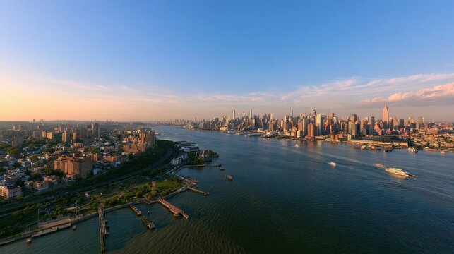 Aerial view of Weehawken, New Jersey over the Hudson River with the Manhattan skyline at golden hour