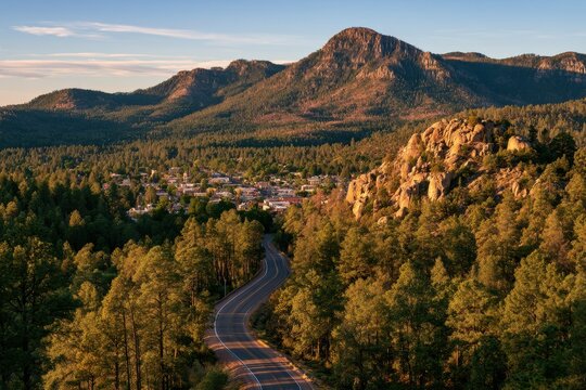 Desert pine country road with blue sky and rocky ridges around Payson, Arizona