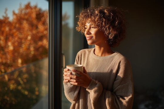 Cozy woman with curly hair enjoys autumn sunlight by window with mug