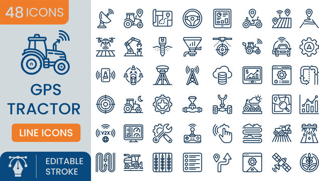 GPS tractor line icons set with navigation satellite and farm equipment symbols isolated vector illustration.