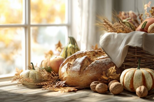 Fall Harvest Still Life: Rustic Bread, Pumpkins, Wheat, Walnuts
