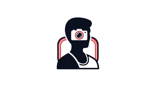 Photographer silhouette logo with red camera focal point.