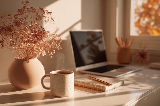 Golden Hour Home Office with Coffee, Laptop & Autumn Decor