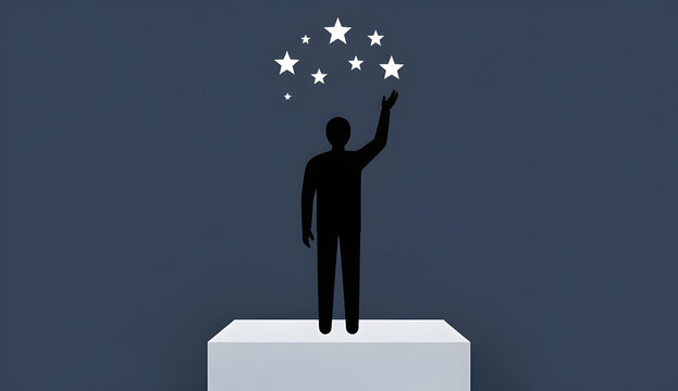 Minimalist illustration of a human silhouette standing on a podium reaching for the stars, concept of goal achievement, motivation, success, and dream chasing