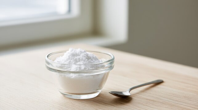 Cup of sorbitol sweetener in a white porcelain cup with a small spoon on a clean kitchen surface