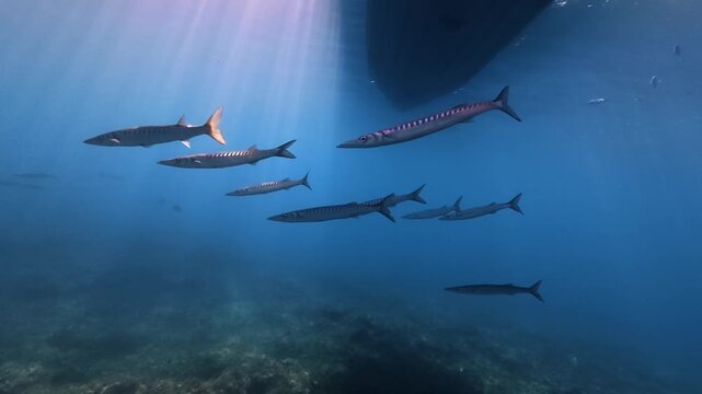 Barracudas swimming under a boat 