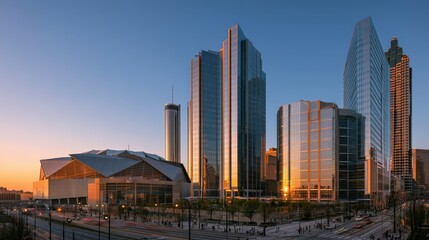 Fototapeta premium Atlanta skyline and arena scene: urban mood with glass facades and warm light