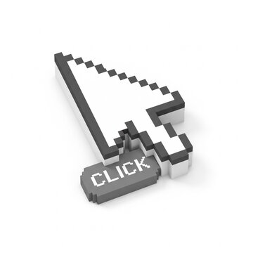 3D Isometric Pixel Art Mouse Cursor Clicking Button Isolated on White Background