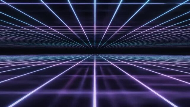 Digital Grid Horizon: A mesmerizing abstract digital landscape composed of glowing neon grid lines receding into a dark, infinite horizon, evoking a sense of futuristic exploration and digital space.