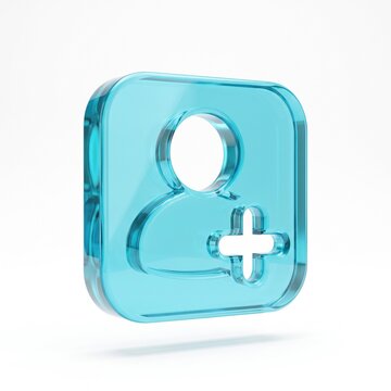 3D Glossy Cyan Glass Add Friend Icon Isolated on White Background