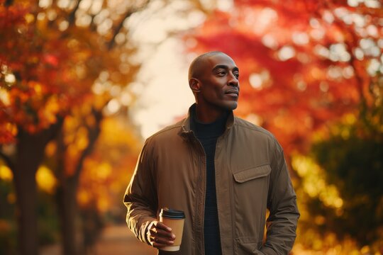 Man Walking in Autumn Park with Coffee