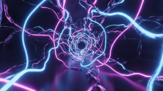 Neon Electric Tunnel: A surreal and futuristic abstract tunnel formed by glowing neon electric lines in vibrant pink and blue hues, creating a mesmerizing visual journey into the unknown.