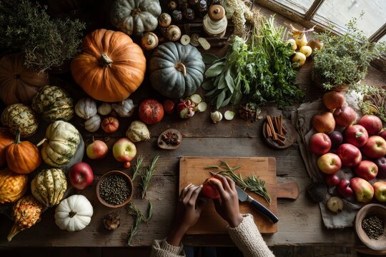 Rustic Autumn Harvest Kitchen Prep: Fresh Produce & Cooking Hands