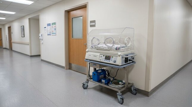 Neonatal transport incubator with a clear acrylic dome parked in a nursery hallway, suitable for transport isolette stock photography.