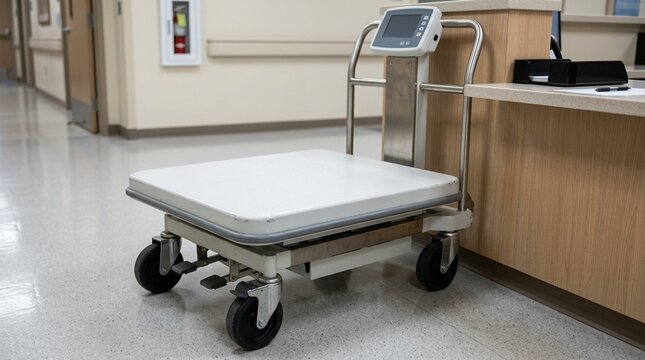 Rolling patient transport scale positioned beside a hospital admissions desk, suitable for weighing scale stock photography.