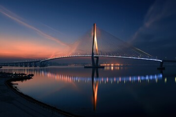 Obraz premium Illuminated Incheon Bridge Under a Velvet Sky: City Lights and Water Reflections