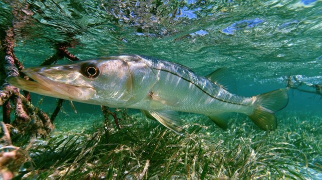 Common snook gliding through sunlit turquoise estuary habitat