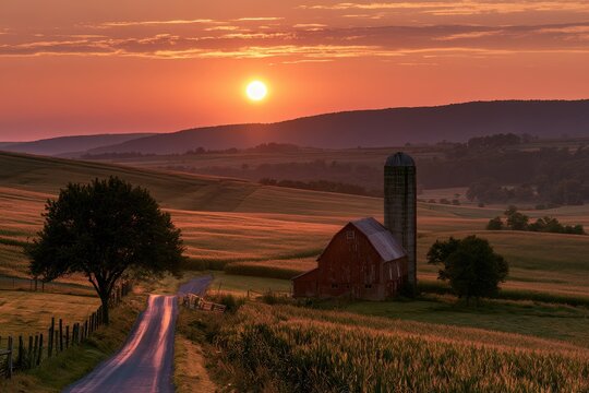 Golden hour sunset over rolling farmland in central Pennsylvania, with a red barn and silo