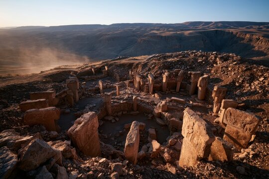 Desert panorama of carved stone pillars at Gobekli Tepe during sunset