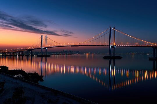 Dusk to Night at Incheon Bridge: Warm Bridge Lights and Serene Waterfront