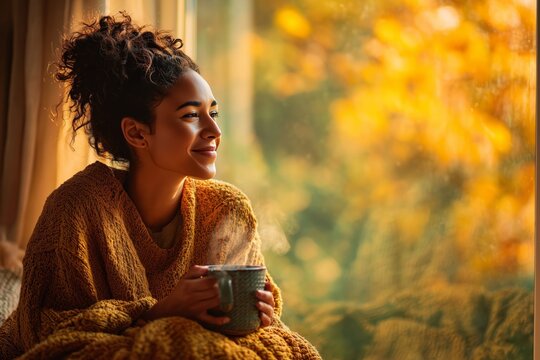 Smiling Woman Enjoying Hot Drink by Window in Golden Autumn Light