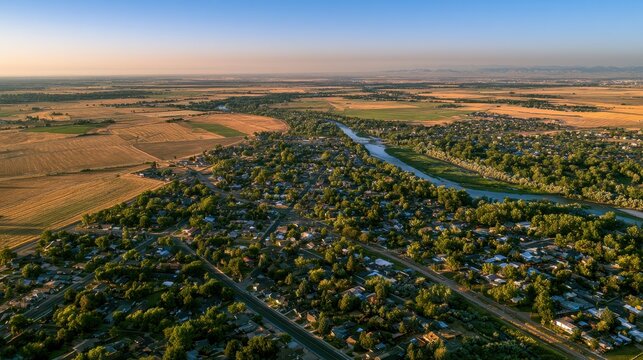 Aerial summer panorama over Greeley, Colorado: patchwork fields, river, and tree-lined neighborhoods