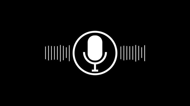 Animated Microphone Icon with Audio Waveform on Black Background,Voice Recording Interface,Podcast Broadcasting Concept, Sound Recognition Technology, Speech Communication Motion Graphics Loop in 4K.