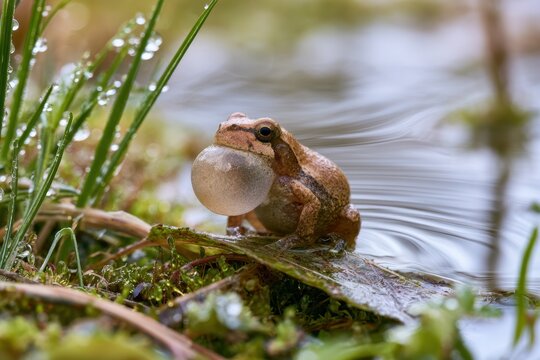 Delicate frog call: spring peeper by a tranquil pond with dew on surrounding foliage