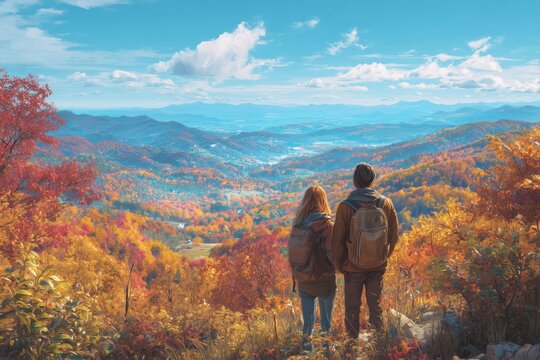 Vibrant Autumn Mountain View: Couple on Scenic Fall Hike