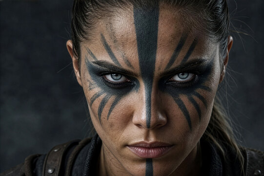 Fierce Female Viking Warrior with Dark Tribal War Paint and Piercing Blue Eyes Close-Up Portrait
