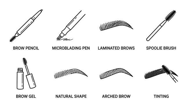 Eyebrow grooming and shaping line art icons set, black linear vector elements with dual-ended brow pencil, capped microblading pen, textured laminated brows, spoolie brush, brow gel, natural shape