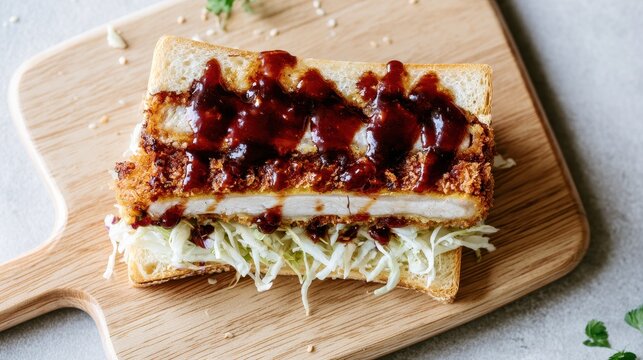 Gourmet Japanese katsu sando with crispy pork cutlet and glossy tonkatsu sauce, sliced to reveal filling