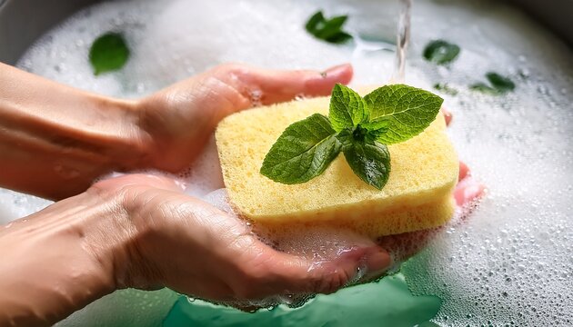hands washing a sponge in soapy water bubbles and mint leaves visible close up view