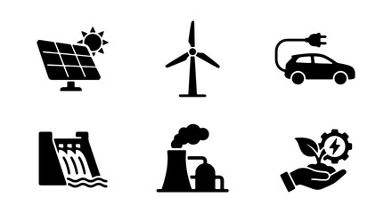 Fototapeta premium Green energy icon set, renewable power generation symbols, eco friendly technology vector illustrations, sustainable development glyphs