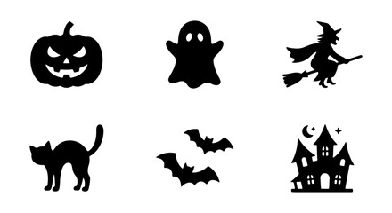 Fototapeta premium Halloween silhouette icons set, spooky black vector elements on white background, scary pumpkin ghost witch cat bats and haunted house graphics