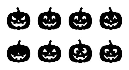 Obraz premium Halloween pumpkin silhouette icons set, spooky jack o lantern face vectors, black carved pumpkins with funny and scary expressions