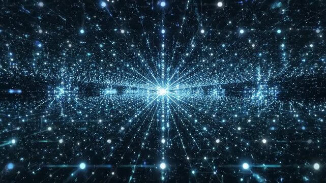 Digital Network Grid: A vast, glowing blue digital network grid stretches into infinity, symbolizing data flow, connectivity, and advanced technology in the modern world.