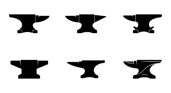 Vintage blacksmith anvil silhouettes set, heavy metal forging tool icons, industrial ironwork and metallurgy vector elements